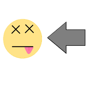 a face with X's for eyes and tongue sticking out of the side of the mouth, with a gray arrow pointing towards the face